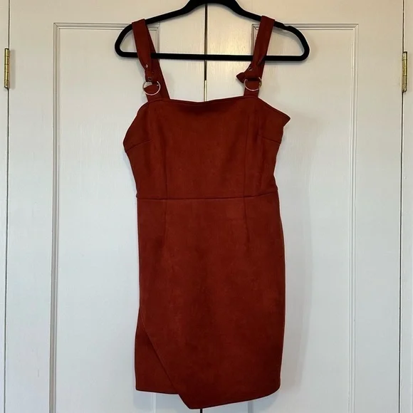 brown suede dress forever 21 FOREVER 21 Faux Suede Rust/Burnt Orange Fall Dress w/ Gold Clasp Strap